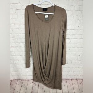 Lumiere long sleeve draped toffee brown knit viscose dress, sz L NWT Made in USA